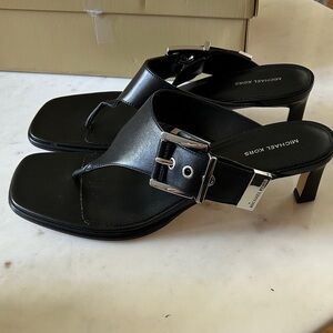 Michael Kors Black Leather Buckle Thong Sandal Heels